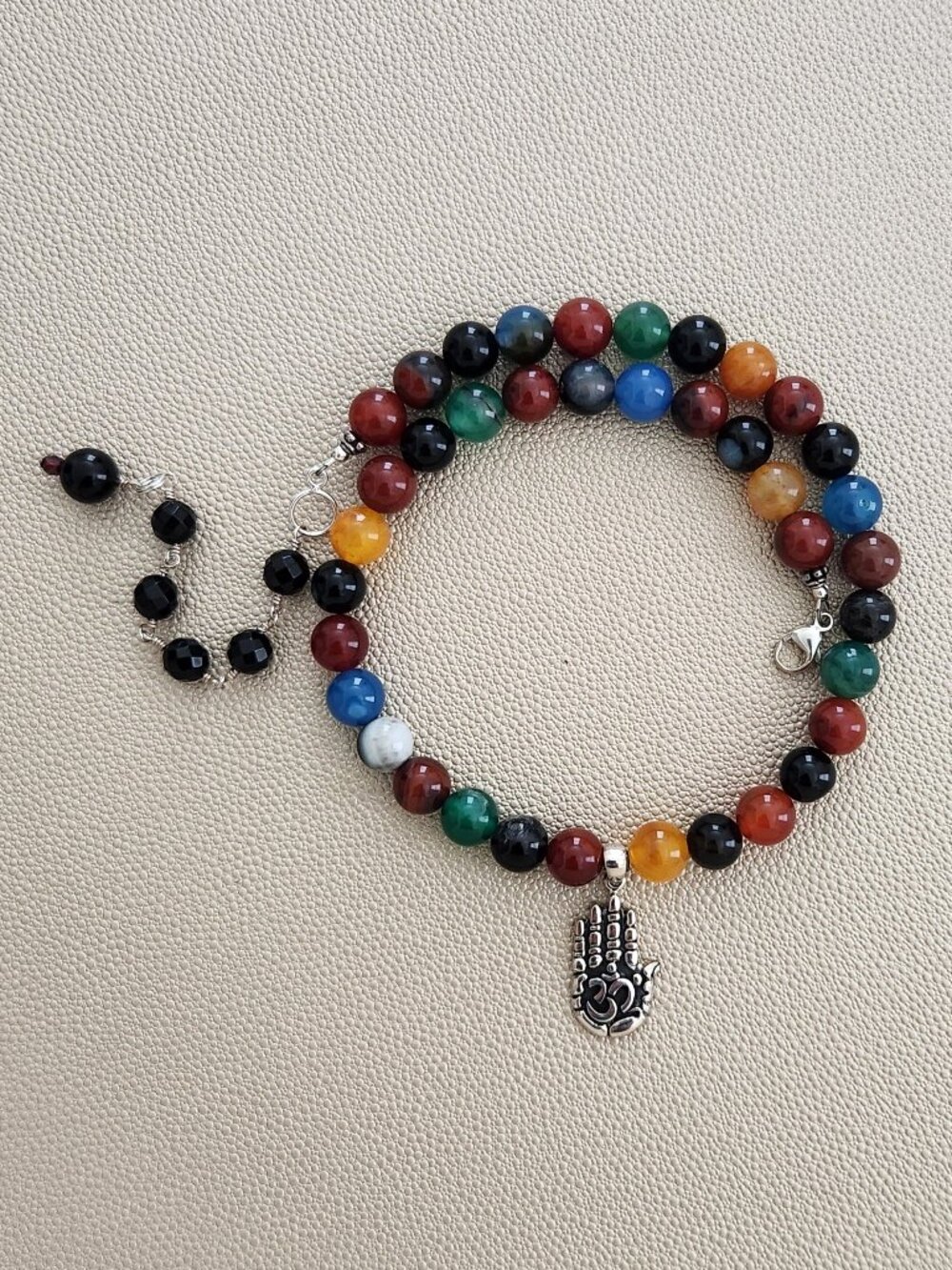MIXED AGATE NECKLACE W/ 925 SILVER OM PENDANT--17-20"